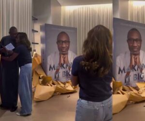 DJ Cuppy surprise Femi Otedola with stunning statue of his ‘Making it big’ book