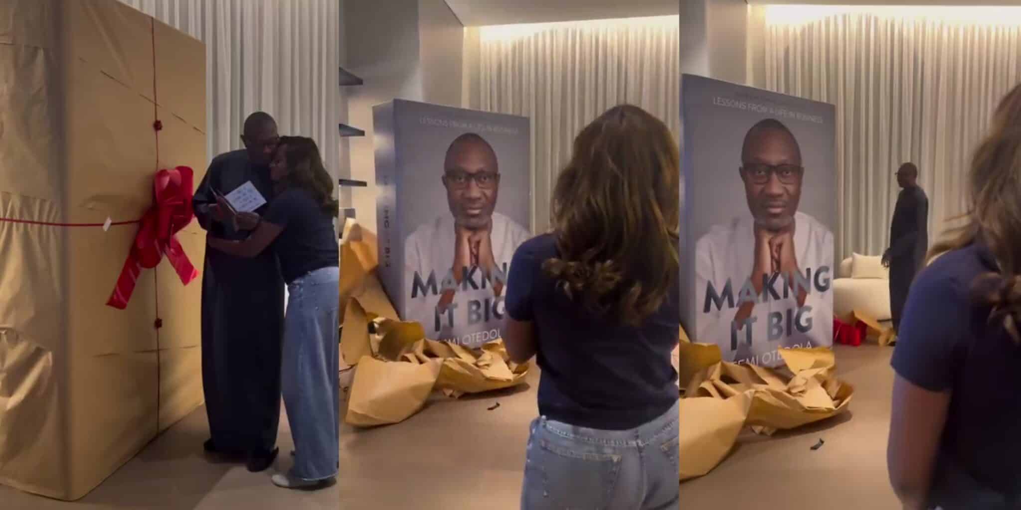DJ Cuppy surprise Femi Otedola with stunning statue of his ‘Making it big’ book