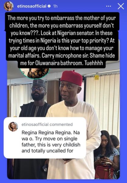 “At your old age you can’t manage your marital affairs” — Actress Etinosa blasts Senator Ned Nwoko over comments about Regina Daniels