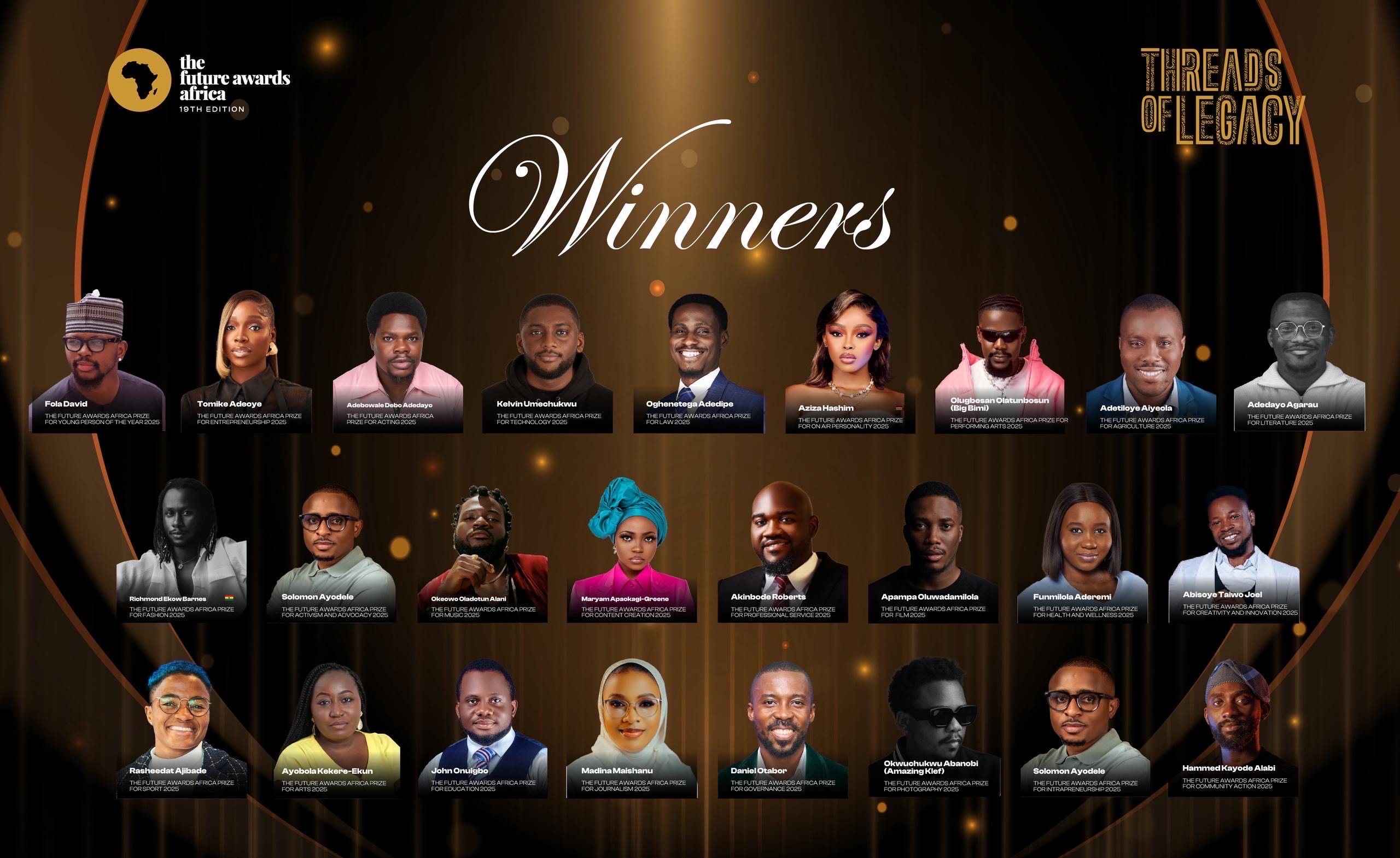 Tomike Adeoye, Fola David, Taoma, others win big at the 19th Future Awards Africa