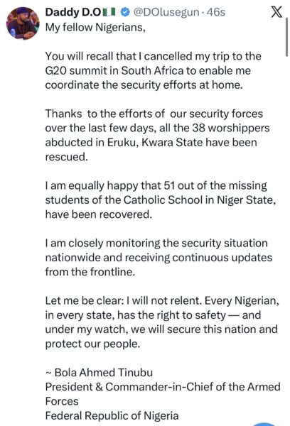All 38 church members abducted in Kwara have regained ther freedom