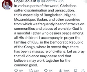 Pope Leo lists Nigeria among Countries where Christians face persecution