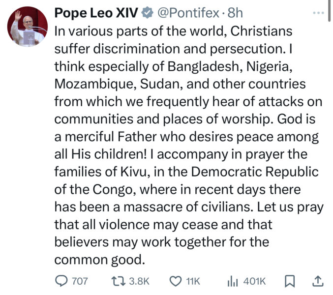 Pope Leo lists Nigeria among Countries where Christians face persecution