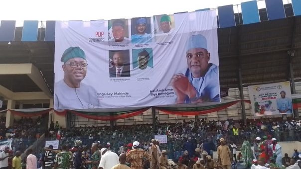 Tension At PDP Convention As Adeleke, Mutfwang Missing On Governors’ Banner