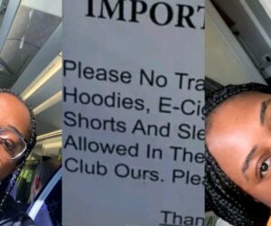 Lady in tears, displays poorly written notice she saw in London club