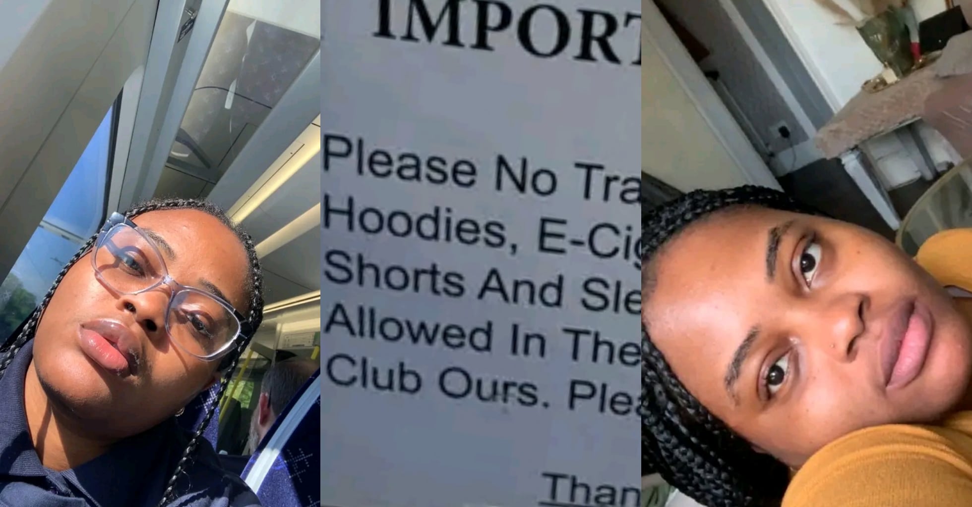 Lady in tears, displays poorly written notice she saw in London club