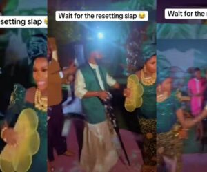Drama as groom slaps lady after she packed money sprayed on him during wedding dance