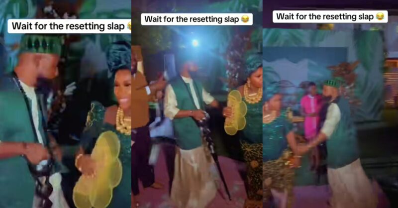 Drama as groom slaps lady after she packed money sprayed on him during wedding dance