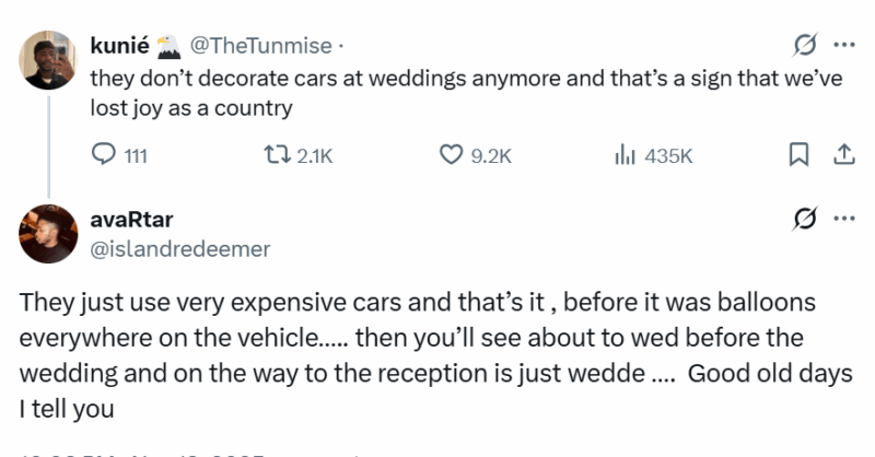 X-user sparks conversation on fading tradition of Nigerians decorating wedding cars