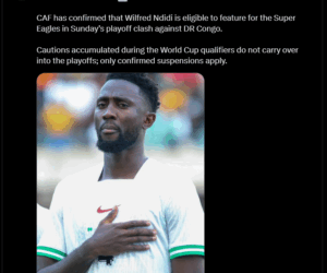 CAF confirms Ndidi is eligible to face DR Congo on Sunday