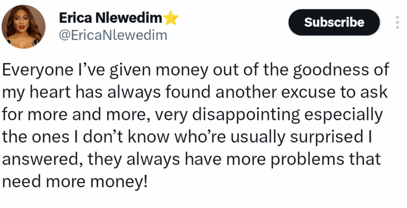 Ex-BBN star Erica Nlewedim laments how people keep asking for more money after she helps them