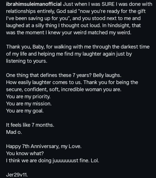 Ibrahim Suleiman, Linda Ejiofor mark 7th wedding anniversary with emotional tributes