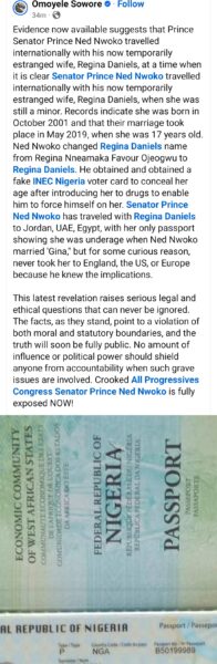 Ned Nwoko travelled internationally with Regina Daniels when she was still a minor – Yele Sowore alleges as he releases “Regina Daniels passport”