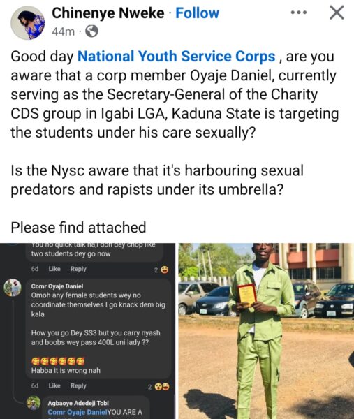 Male corps member’s comment about “knacking” female students sparks concern