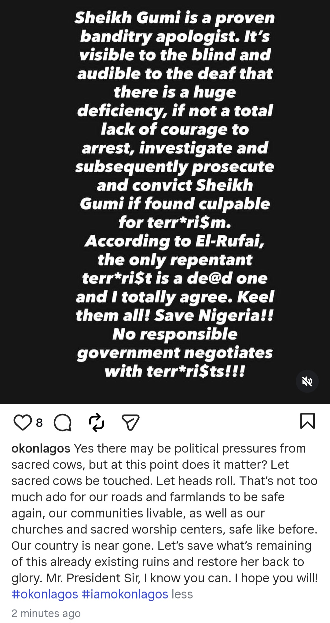 “Sheikh Gumi is a proven banditry apologist,” Actor Okon Lagos says and calls out Nigerian authorities for “lack of courage” to prosecute Gumi for terrorism