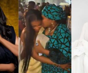 Moment Mercy Eke gifts Toyin Abraham ₦1 million at Toke Makinwa’s baby dedication