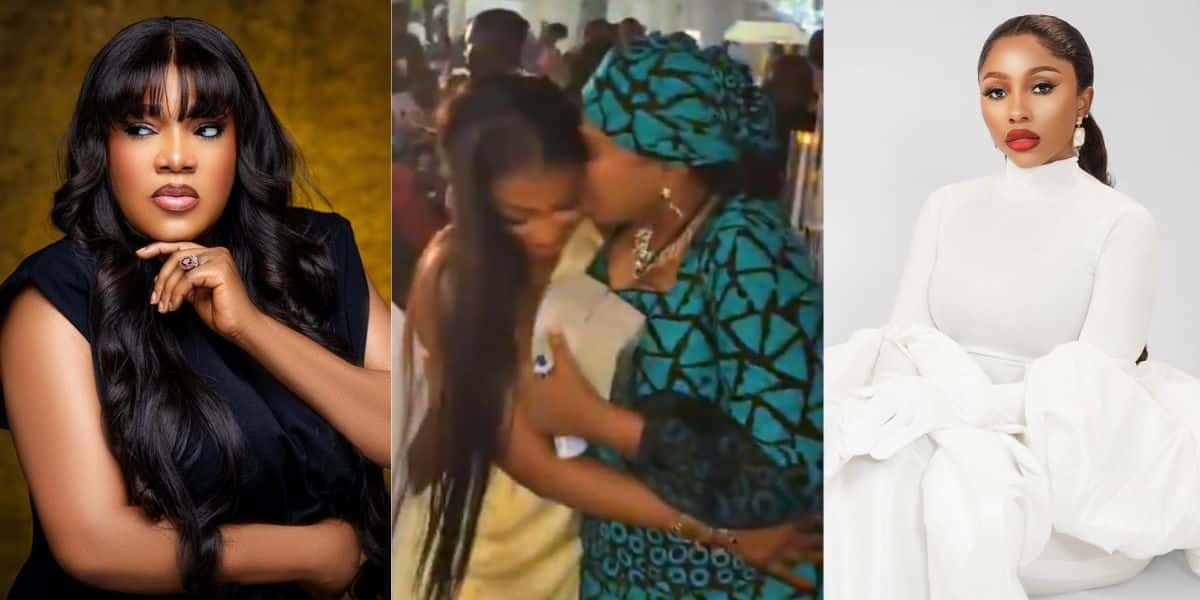 Moment Mercy Eke gifts Toyin Abraham ₦1 million at Toke Makinwa’s baby dedication