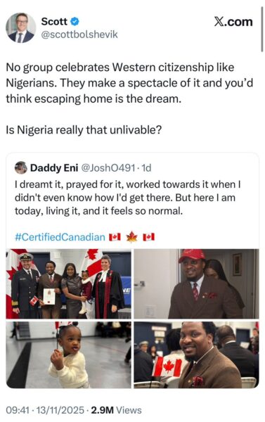 Is Nigeria unlivable?- U.S. citizen mocks Nigerian man celebrating Canadian citizenship
