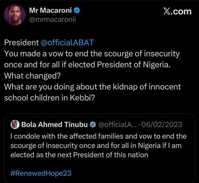Mr. Macaroni blasts government over rising insecurity, calls for Tinubu’s resignation