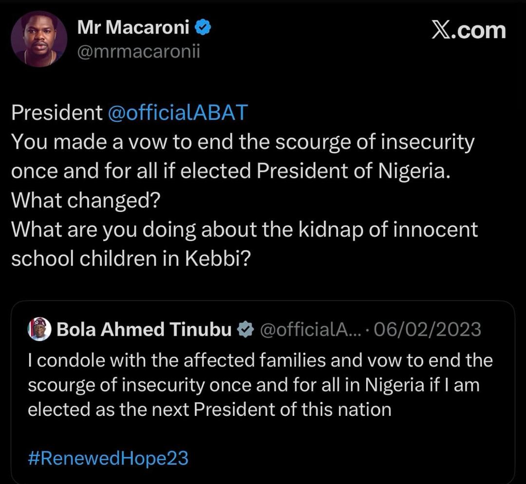 Mr. Macaroni blasts government over rising insecurity, calls for Tinubu’s resignation