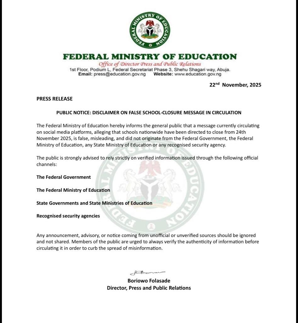 FG denies nationwide closure of schools