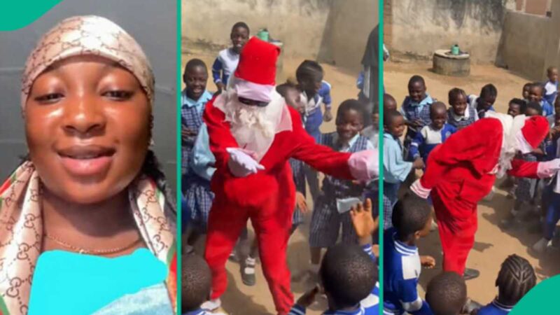 Lady Rocks Father Christmas Costume at Mum’s School to Hype Kids for Party