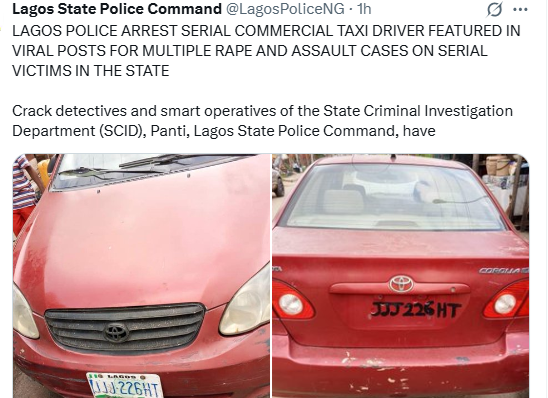 Lagos police arrest serial commercial Taxi driver for multiple r@pe, ass@ult, and robbery cases