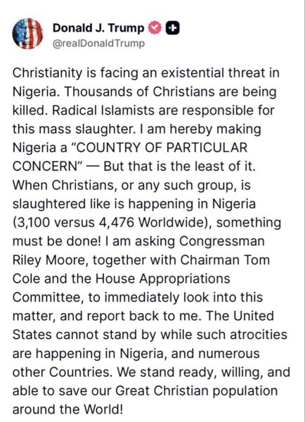 Trump redesignates Nigeria as ‘Country of particular concern’ over Christian Genocide claims
