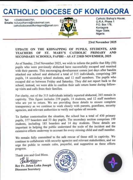 Niger State LG chairman and Catholic Dioceses release names of 50 abducted students who escaped from captivity