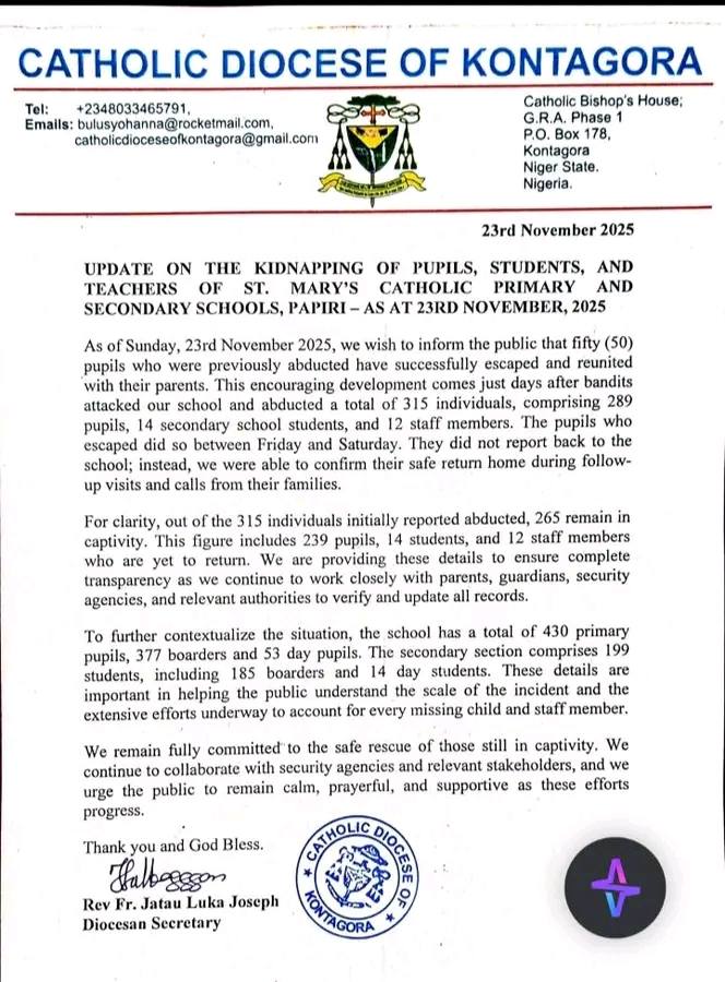 Niger State LG chairman and Catholic Dioceses release names of 50 abducted students who escaped from captivity