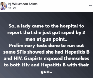 Nigerian doctor reveals that two men may have contracted HIV and Hepatitis B from a lady they r@ped at gunpoint