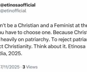 You can’t be a Christian and a Feminist at the same time because Christianity is built heavily on patriarchy”- actress Etinosa
