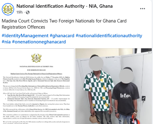 Two Nigerians jailed for attempting to obtain Ghana Cards using false identities