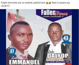 Suspected herdsmen k!ll two family members in Plateau community