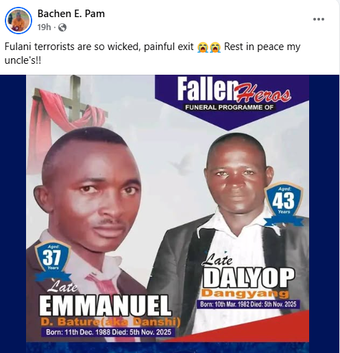 Suspected herdsmen k!ll two family members in Plateau community