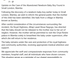 Abandoned newborn baby rescued in Nasarawa