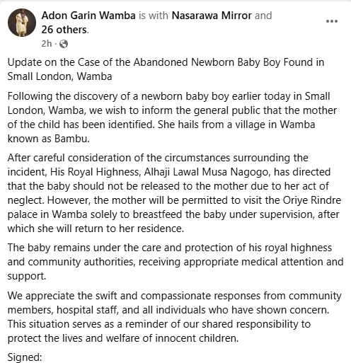 Abandoned newborn baby rescued in Nasarawa