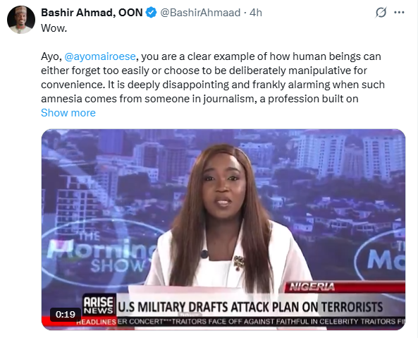 Former presidential aide, Bashir Ahmad, tackles Arise TV anchor, Ayo Mario-Ese, after she claimed his boss, Late Buhari, did little or nothing to stop t&rrorism while in office