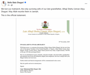 Ex-president Shehu Shagari’s last surviving widow d!es at 89