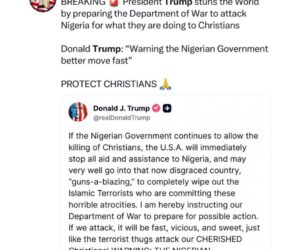 US President Donald Trump threatens military action should k!lling of Christians continue in Nigeria