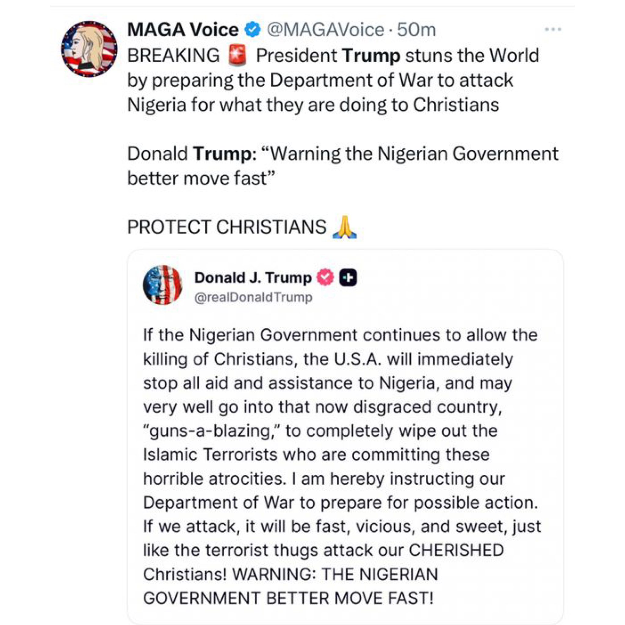 US President Donald Trump threatens military action should k!lling of Christians continue in Nigeria