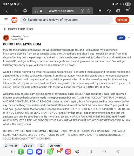Myus.com scamming their foreign customers and stealing their packages