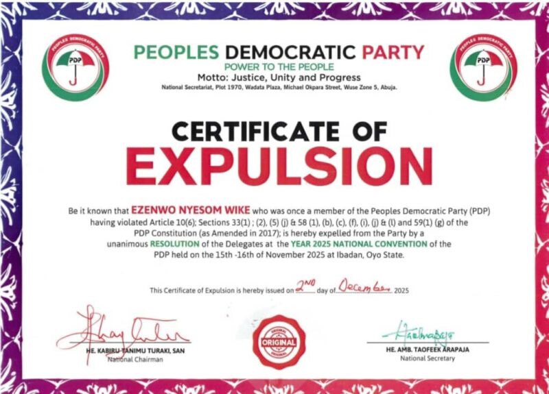 PDP Issues Certificate Of Expulsion To Wike, Eight Others, As Damagum Hands Over To Turaki As Chairman