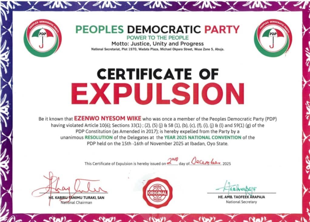 PDP Issues Certificate Of Expulsion To Wike, Eight Others, As Damagum Hands Over To Turaki As Chairman