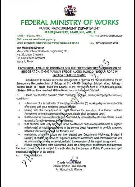 EXCLUSIVE: ₦16.5Billion Taraba Bridge Reconstruction Funds Allegedly Diverted To Access Road; Tinubu’s Minister Faces Scrutiny