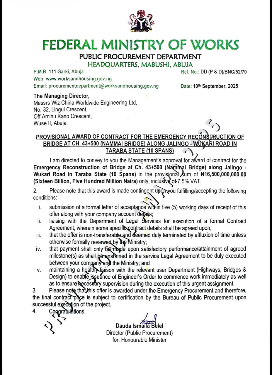 EXCLUSIVE: ₦16.5Billion Taraba Bridge Reconstruction Funds Allegedly Diverted To Access Road; Tinubu’s Minister Faces Scrutiny