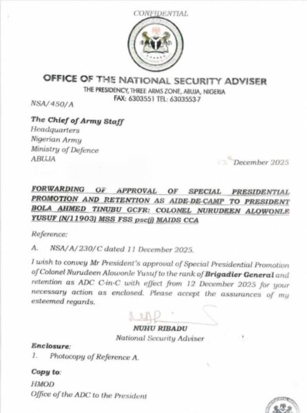 Dissatisfaction Grows In Nigerian Army Over Special Promotion Of Tinubu’s ADC To Brigadier General