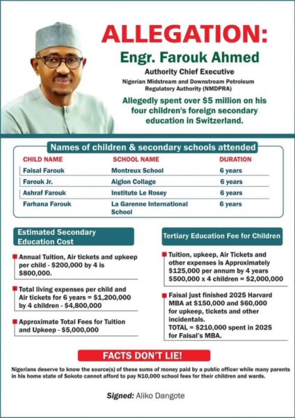 Dangote Releases Details Alleging NMDPRA Boss Farouk Ahmed Spent $5million On Children’s Swiss Education