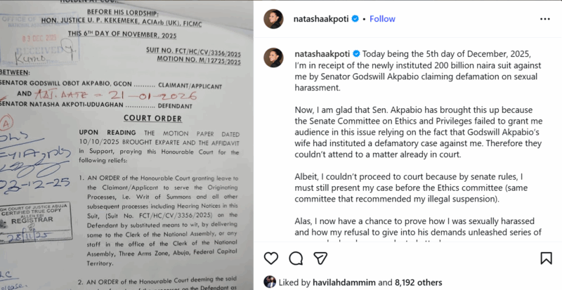 Akpabio seeks N200bn damages as he files defamation lawsuit against Natasha Akpoti over s3xual harassment allegations