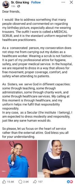 Reverend sister responds after receiving heat for wearing trousers in birthday photo